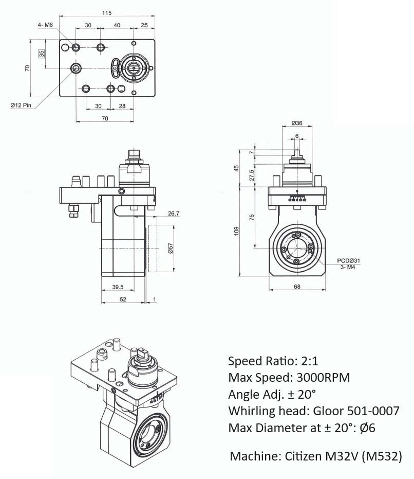 CITIZEN THREAD WHIRLING HEAD ADJUSTABLE 20°. Working with whirling head: Gloor 501-0007