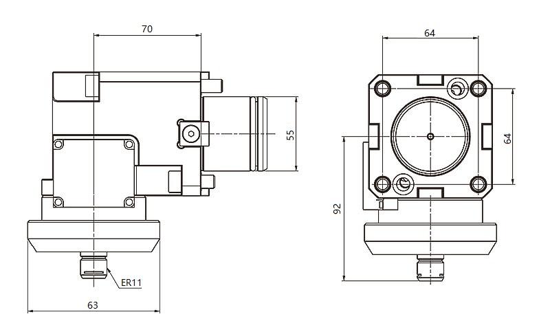 BMT55 HYDRAULIC HIGH-PRESSURE COOLANT-DRIVEN RADIAL DRILLING MILLING ER11 HEIGHT 70mm Green-Jet Spindle size 63mm, Bolt Pattern 64x64mm